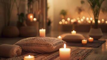 un' calmante meditazione camera pieno con morbido musica profumato candele e felpa cuscini per uomini per chiaro loro menti e destress foto