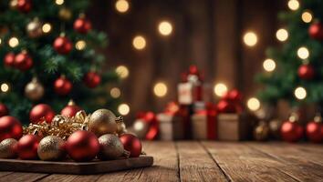 festivo sfocato sfondo con vuoto di legno superficie. scintillante Natale albero, Natale palle, regalo scatole. inverno celebrazione concetto. spazio per testo. per manifesto, saluto carta, pubblicità foto