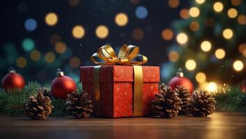 Natale regalo scatola con d'oro arco, pino coni e albero palle su il inverno celebrazione sfondo con bokeh effetto. foto