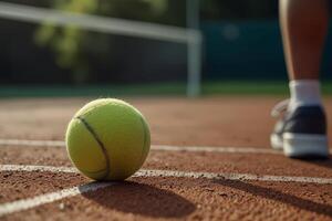 avvicinamento di un' giallo tennis palla e superficie. sfocato sfondo di un' tennis Tribunale. naturale luce del giorno foto