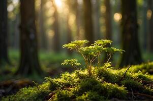 vicino su di vivace verde muschio con un' in crescita germoglio nel il foresta, illuminato di il morbido, d'oro raggi di il mattina sole filtraggio attraverso il torreggiante alberi su il sfocato natura sfondo. foto