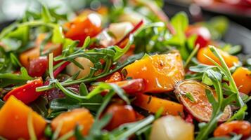 un' luminosa e colorato insalata fatto con arrostito radice verdure e un' piccante vinaigrette il Perfetto accoppiamento per il cocktail analcolici foto