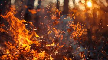 il fiamme salto e danza getto giocoso ombre su il circostante alberi e fogliame. 2d piatto cartone animato foto