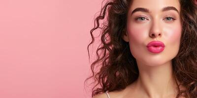 sublime avvicinamento di elegante donna con lucido rosa labbra e delicato trucco foto