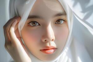 sereno bellezza nel bianca hijab ritratto di un' giovane donna foto