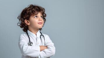 aspirante giovane medico bambino nel bianca cappotto con stetoscopio foto