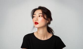 elegante est asiatico donna con grassetto rosso rossetto e nero superiore foto