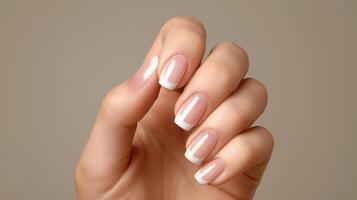 elegante francese manicure su delicato femmina mano foto