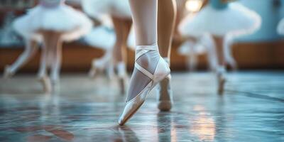 eleganza nel movimento di ballerina pointe scarpe nel metà del ballo nel un' balletto classe foto