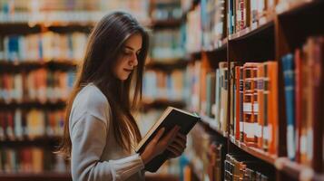 studioso giovane donna profondamente impegnato nel lettura accademico Materiale nel un' sereno biblioteca ambiente foto