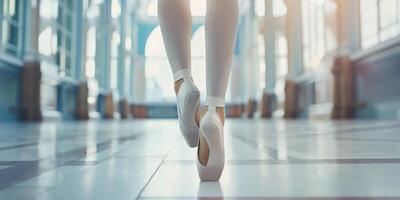 eleganza nel movimento di ballerina pointe scarpe nel metà del ballo nel un' balletto classe foto