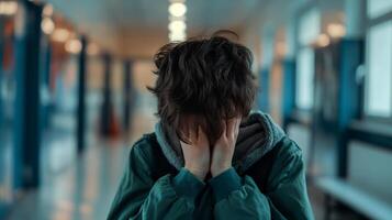 scolaro dolore. giovane ragazzo sopraffatto con emozione nel scuola corridoio foto