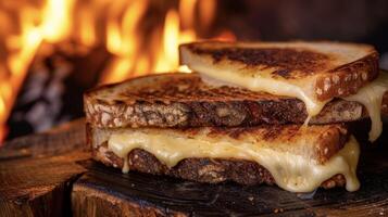 indulgere nel il finale comfort cibo con Questo Aperto camino grigliato formaggio. il caldo fiamme di il griglia avere trasformato il clic Sandwich in un elevato versione spirito foto