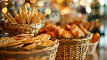 rustico di legno cesti pieno con un assortimento di cracker e grissini sedersi su il tavolo invitante ospiti per prendere un' mordere. 2d piatto cartone animato foto