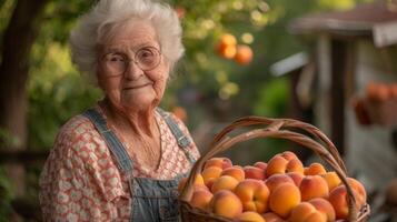 un' pensionato con orgoglio visualizzazione un' cestino di loro fatti in casa in scatola Pesche un' tradizione passato giù a partire dal generazioni nel loro famiglia foto