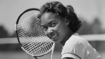 un' donna Spettacoli via sua appena acquisito tennis abilità dopo assunzione Lezioni a il esclusivo gli sport club rinomato tennis accademia foto