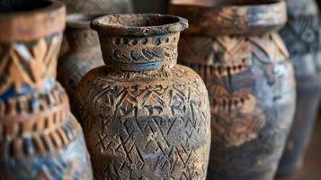 un' impostato di vasi con un' afflitto Guarda apparendo per essere fatto a partire dal frammenti di antico ceramica con ruvido bordi e intricato acqueforti. foto