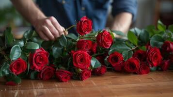 un' uomo seduta a un' di legno tavolo il suo mani delicatamente organizzazione vivace rosso Rose in un' sbalorditivo centrotavola foto