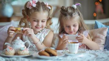 il ragazze schiocco immagini di loro tè festa e Condividere loro su sociale media in mostra loro sofisticato e di moda pomeriggio foto