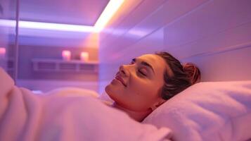 indulgere nel un' olistica approccio per benessere con un' sessione nel il infrarosso sauna seguito di un' ringiovanente aromaterapia facciale. foto