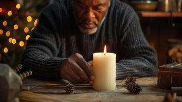 concentrato e focalizzata un' uomo usi un' stoppino centraggio attrezzo per garantire il suo candela ustioni in modo uniforme foto