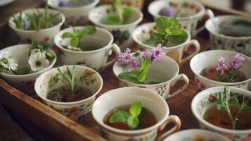 un' vassoio di tè tazze con diverso erbe aromatiche e fiori pronto per ospiti per campione e confrontare foto