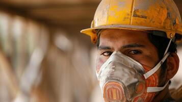 un' costruzione lavoratore indossare un' maschera per proteggere contro inalando dannoso vapore a partire dal attrezzatura come bene come per impedire inquinanti a partire dal che colpisce nelle vicinanze natura foto