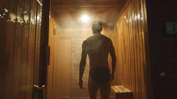 un' uomo affrettandosi su di opera per rendere esso per il suo in programma sauna sessione. foto