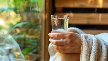 un' persona assunzione un' rompere al di fuori il sauna potabile un' rinfrescante bicchiere di acqua e involucro loro stessi nel un' asciugamano. foto