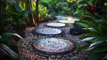 uso un' serie di ceramica passo pietre per creare un' unico sentiero attraverso il giardino ogni uno con un' diverso design. foto