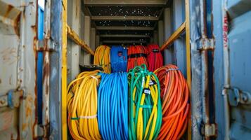 un' contenitore pieno con colorato cavi fili e twiston connettori pronto per essere installato di il elettricisti foto
