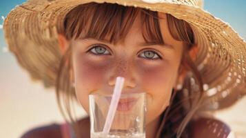 un' giovane ragazza sorsi su un' alto bicchiere di scintillante seltzer un' cannuccia frugando su a partire dal sotto sua tesa larga sole cappello foto