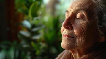 un intimo tiro di un' anziano womans viso come lei prende in profondità controllato respiri durante un' guidato respirazione esercizio con il tranquillo, calmo presenza di interno impianti nel il sfondo foto