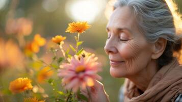 un' donna nel sua d'oro anni ammirazione un' bellissimo fiore fioritura lungo il sentiero durante sua senza fretta camminare nel il boschi foto