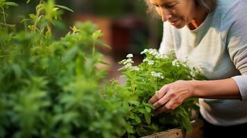 un' anziano donna accuratamente raccoglie un' manciata di fragrante menta le foglie splendente con orgoglio a il medicinale e culinario usi lei ha scoperto per il erbe aromatiche in crescita nel sua cortile foto