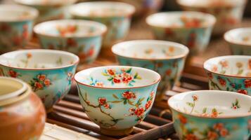 un' impostato di elegante tè tazze ogni uno essere sapientemente modellato e dipinto con intricato fiori e disegni. foto