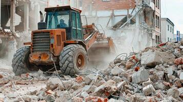 un' bulldozer spingendo attraverso il macerie e detriti di un' demolito edificio preparazione il luogo per nuovo costruzione foto