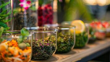 ospiti può creare loro proprio personalizzato tropicale tè miscele a il Fai da te tè bar completare con esotico erbe aromatiche e frutta per mescolare e incontro foto