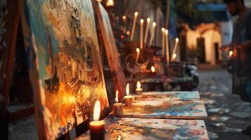 il candele sembrava per portare vita per il dipinti come il artisti lavorato diligentemente nel il cortile. 2d piatto cartone animato foto