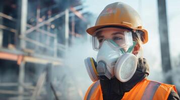 un' lavoratore regolazione il in forma di loro respiratore maschera preparazione per accedere un' polveroso la zona di il costruzione luogo foto