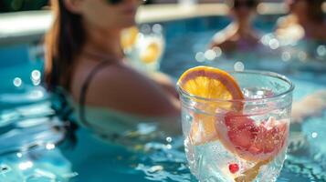 un' rinfrescante tuffo nel un' piscina con ospiti godendo infuso di frutta acqua e discutere loro ritrovato conoscenza di consapevole acqua consumo foto