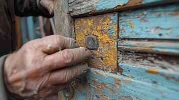un' dettagliato tiro di un' Vintage ▾ porta in corso riparazione come il falegname accuratamente sostituisce danneggiato sezioni con nuovo pezzi di legna foto