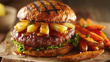 un' buongustaio hamburger con un' ananas e teriyaki Smalto su un' succoso Manzo polpetta servito con un' lato di dolce Patata patatine fritte foto