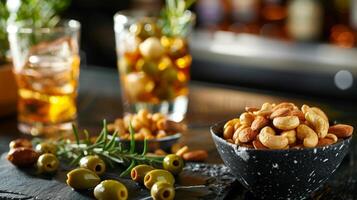 un' raffinato Schermo di bar spuntini come come buongustaio misto noccioline e olive per accompagnare il bevande foto