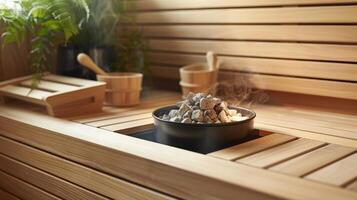 un' sauna stufa con un' piccolo ciotola su superiore pieno con un' miscela di pino e eucalipto essenziale oli per migliorare il respiratorio benefici di il sauna. foto