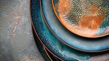 un' impostato di ceramica piatti con un' bellissimo dipinto a mano ombre effetto raggiunto attraverso stratificazione diverso textures e smalti. foto