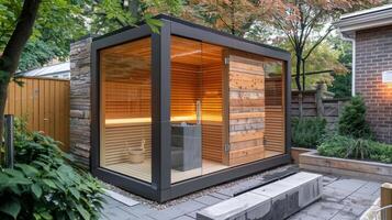 un' sauna costruito su un' piccolo all'aperto terrazza fornire un' privato e cosciente dello spazio modo per godere il benefici di un' sauna a casa. foto