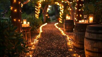 un incantevole giardino sentiero ornato con ling Fata luci e tratteggiata con a lume di candela tavoli per il finale vino e formaggio Esperienza. 2d piatto cartone animato foto