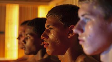 un' gruppo di adolescenziale calcio Giocatori utilizzando un' sauna per velocità su muscolo recupero e impedire lesioni. foto