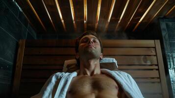 un' asciugamano rivestito uomo posa giù nel un' sauna assunzione in profondità respiri come il calore aiuta lui rilassarsi dopo un' lungo giorno. foto